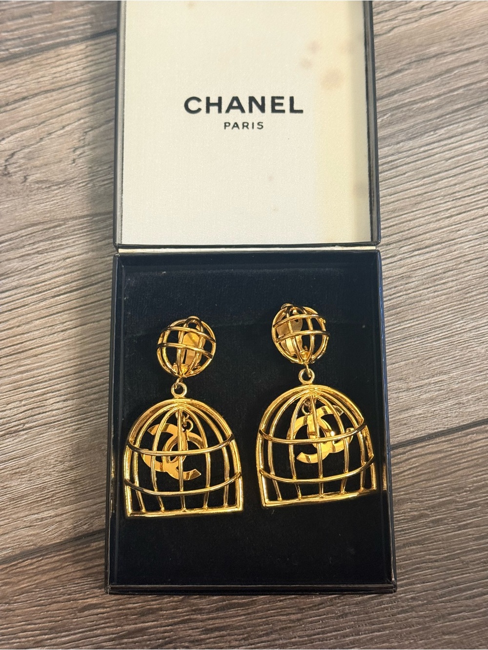 Rare Vintage Chanel Gold Birdcage CC Dangle Clip-On Earrings